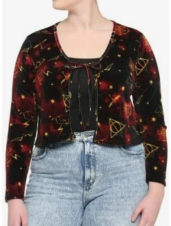 Best Pirce 😍 Harry Potter Deathly Hallows Velvet Tie-Front 👧 Girls Open Sweater Plus Size ✨