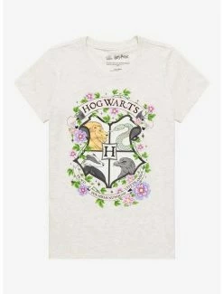 Best Pirce 🔔 Harry Potter Hogwarts Mascots Floral Crest Boyfriend Fit 👧 Girls T-Shirt 🔥